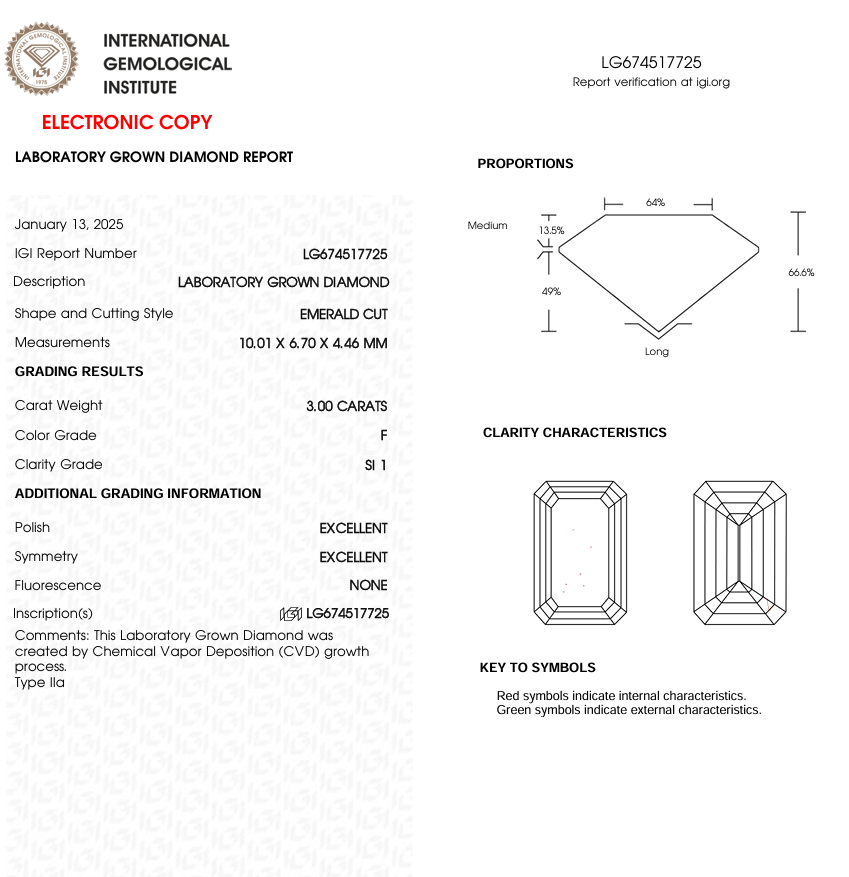 3 CT Emerald Cut Lab Grown Diamond | IGI Certified | Best for Engagement Ring | Diamond for Necklace or Bracelet | Gift for Wife