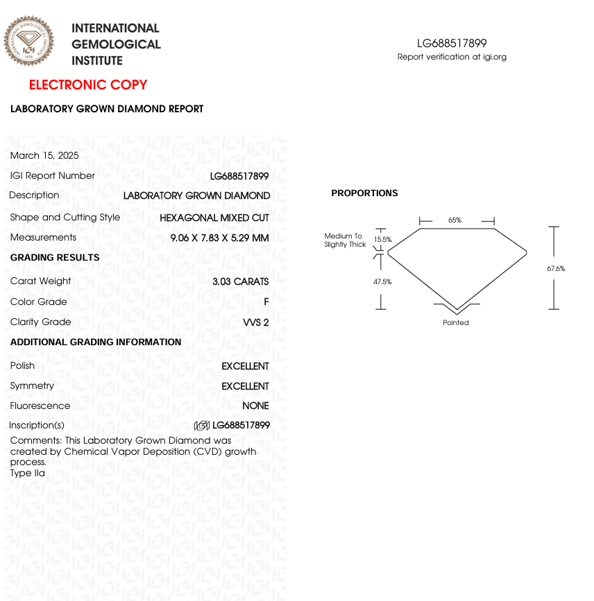 3 CT Hexagonal Cut Lab Grown Diamond for Engagement Ring or Anniversary Gift | IGI Certified | Best for Necklace or Bracelet