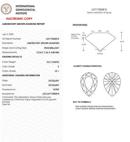 3 CT Pear Cut Lab Grown Diamond for Engagement Ring | IGI Certified | Diamond for Jewelry | Best for Anniversary Gift