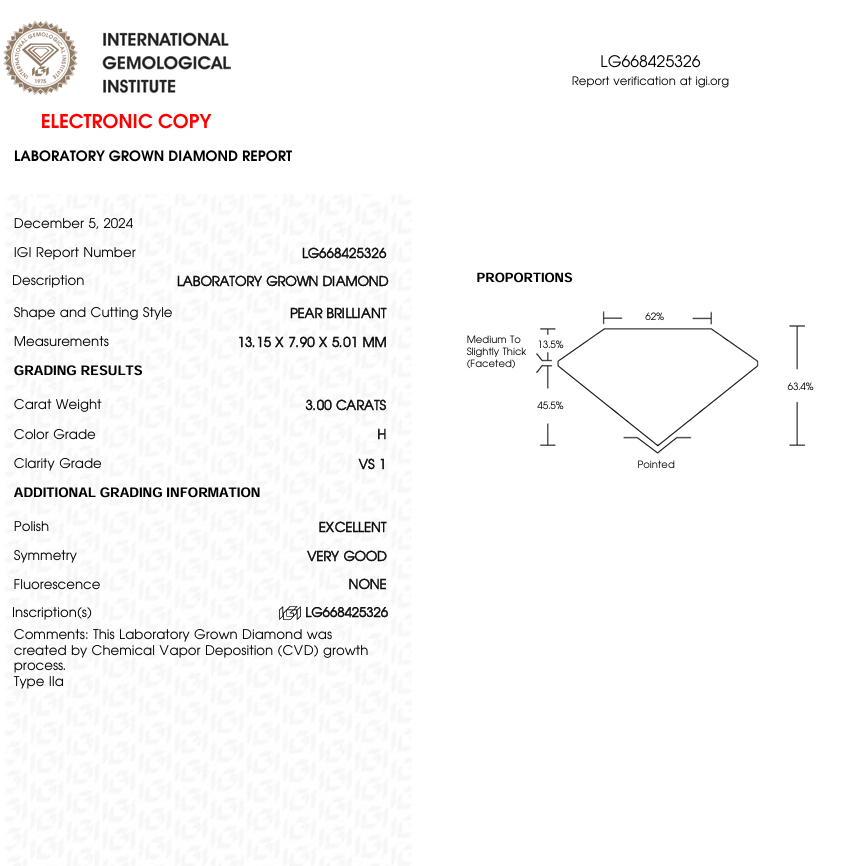 3 CT Pear Shape Lab Grown Diamond for Necklace or Bracelet | IGI Certified | Best for Anniversary Gift or Wedding Ring