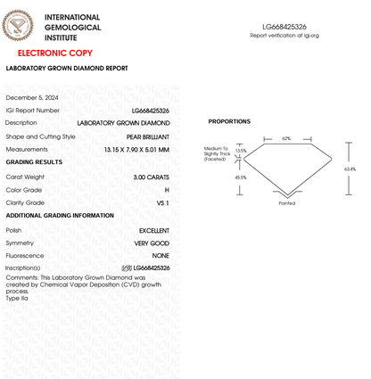 3 CT Pear Shape Lab Grown Diamond for Necklace or Bracelet | IGI Certified | Best for Anniversary Gift or Wedding Ring