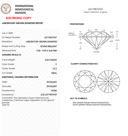 3 CT Round Cut Lab Grown Diamond for Engagement Ring | IGI Certified | Diamond for Anniversary Gift or Wedding Gift