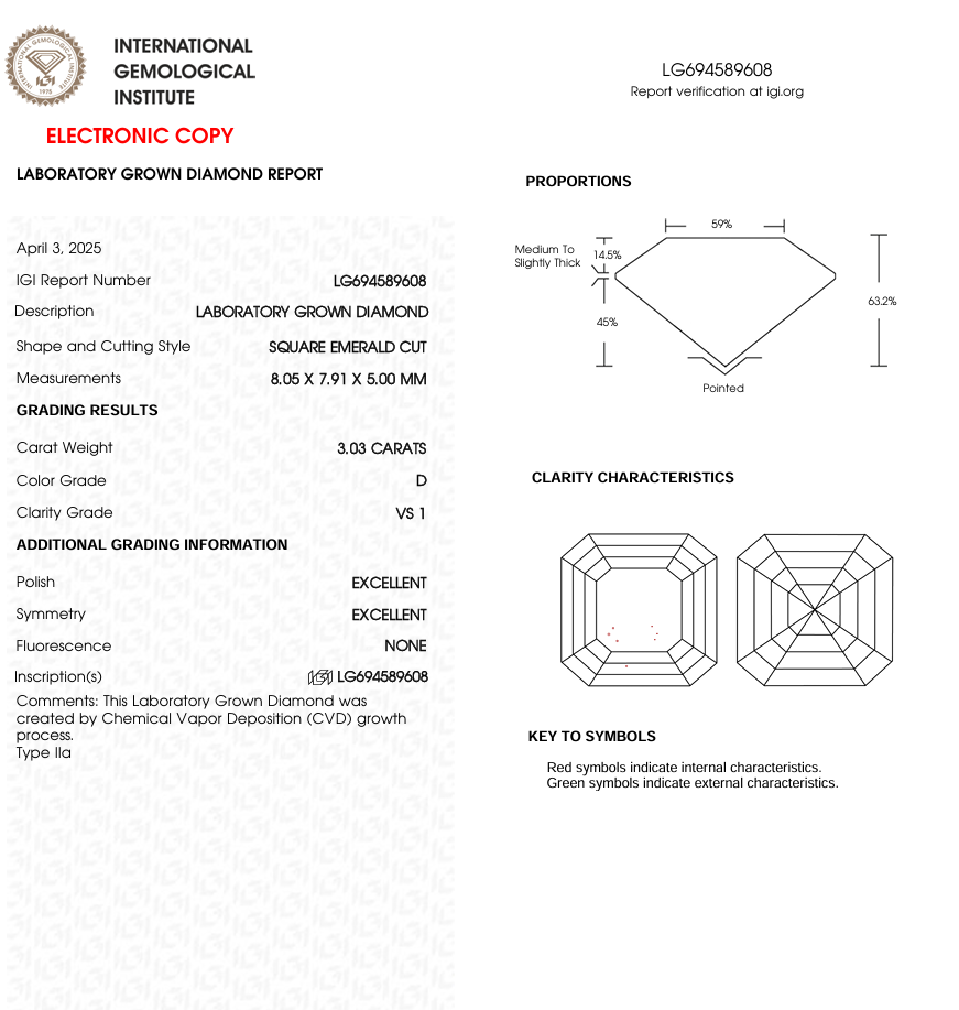 3 CT Square Emerald Cut Lab Grown Diamond for Anniversary Gift | IGI Certified | Diamond for Engagement Ring or Jewelry