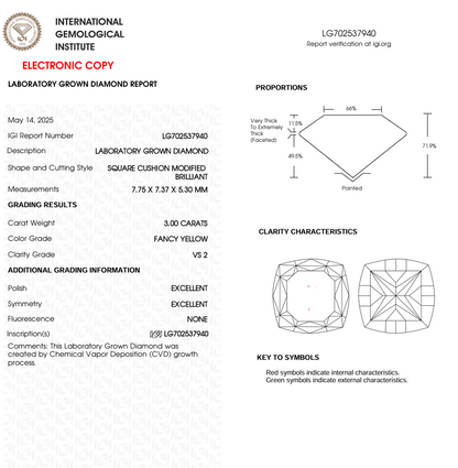 3 CT Yellow Square Cushion Lab Grown Diamond for Engagement Ring | IGI Certified | Best for Anniversary Gift or Necklace | Gift for Wife