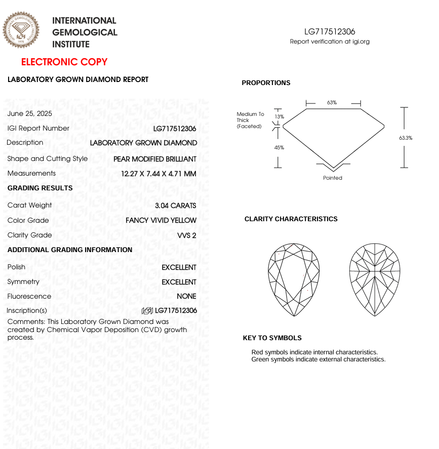 3 CT Yellow Pear Cut Lab Grown Diamond for Engagement Ring | IGI Certified | Diamond for Necklace or Bracelet