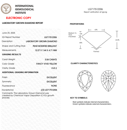3 CT Yellow Pear Cut Lab Grown Diamond for Engagement Ring | IGI Certified | Diamond for Necklace or Bracelet