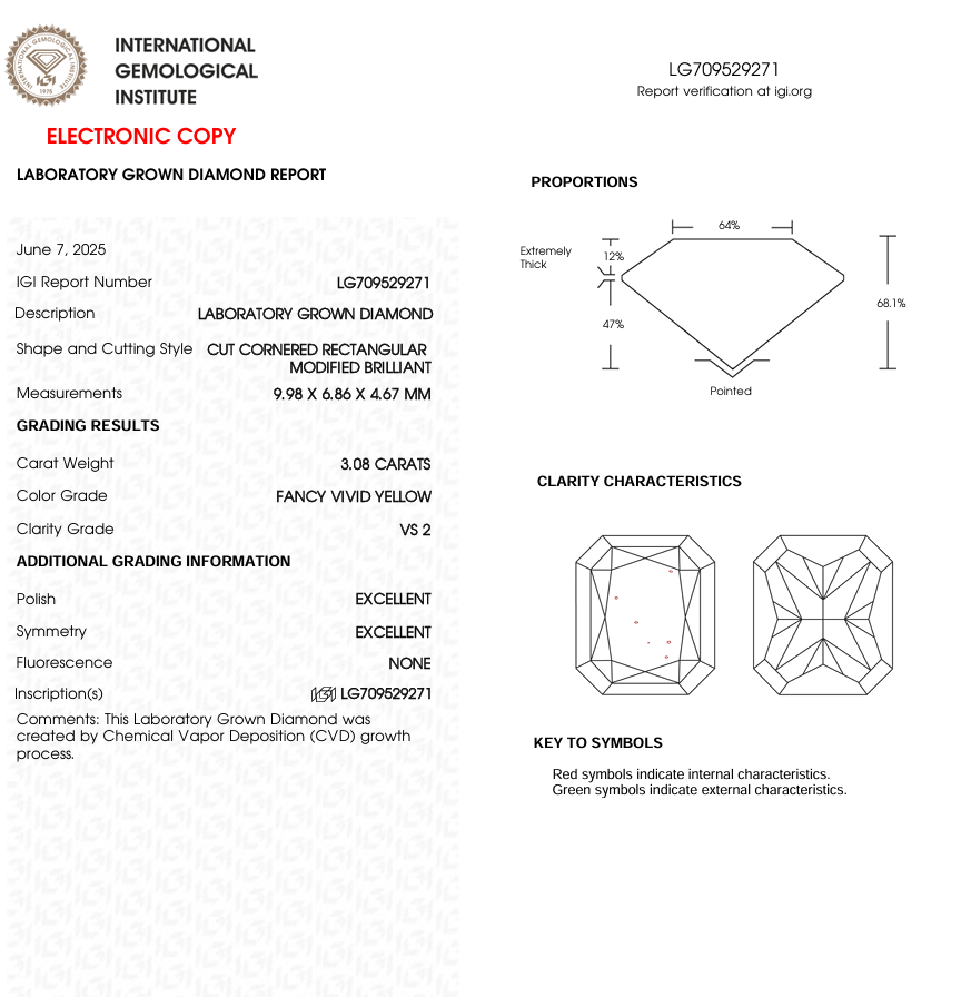 3 CT Yellow Radiant Cut Lab Grown Diamond | IGI Certified | Diamond for Engagement Ring or Anniversary Gift