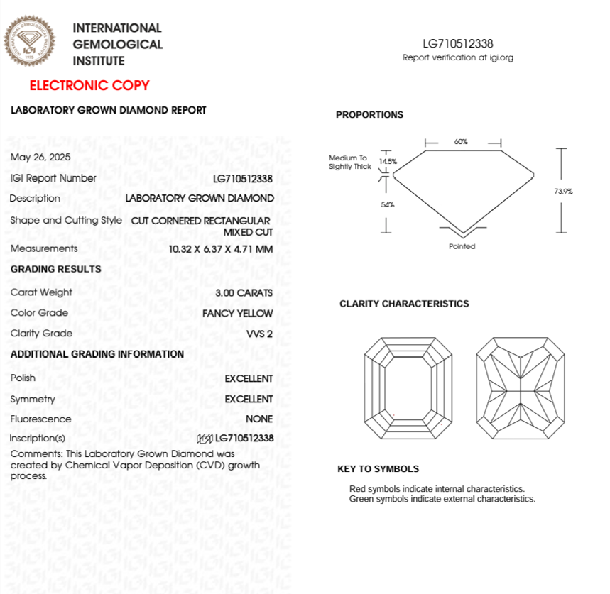 3 CT Yellow Radiant Cut Lab Grown Diamond for Engagement Ring or Anniversary Gift | IGI Certified | Best for Necklace or Bracelet