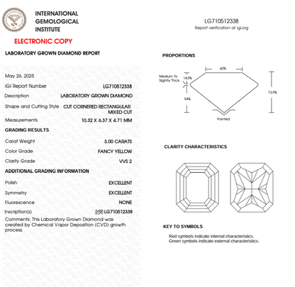 3 CT Yellow Radiant Cut Lab Grown Diamond for Engagement Ring or Anniversary Gift | IGI Certified | Best for Necklace or Bracelet