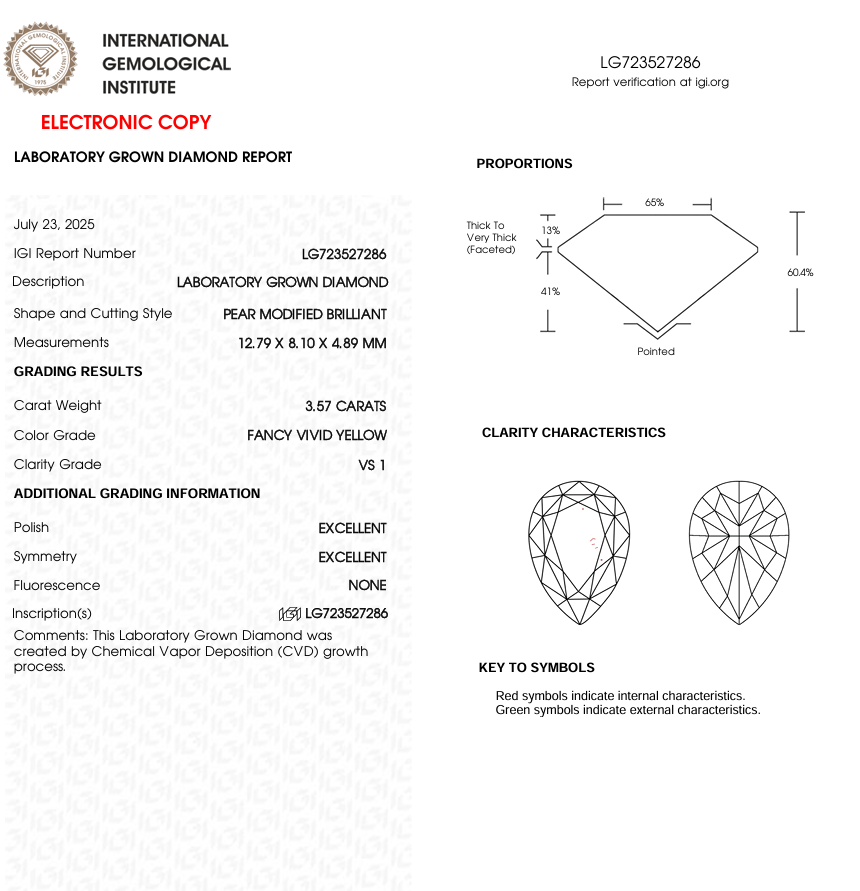 3.57 CT Yellow Pear Cut Lab Grown Diamond for Engagement Ring | IGI Certified Diamond for Jewelry | Gift for Wife