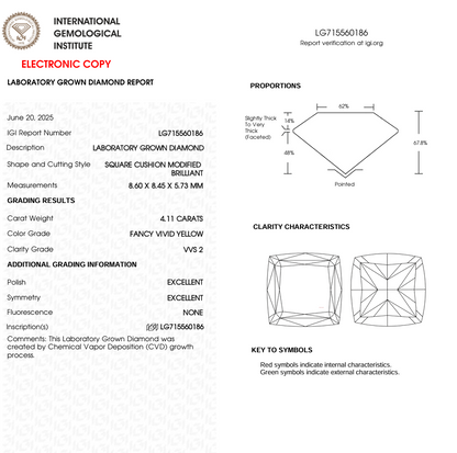 4.11 CT Yellow Square Cushion Cut Lab Grown Diamond | IGI Certified | Best Diamond for Engagement Ring or Jewelry