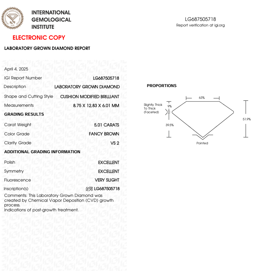 5 CT Brown Cushion Cut Lab Grown Diamond | IGI Certified | Best Diamond for Necklace or Bracelet | Gift for Wife