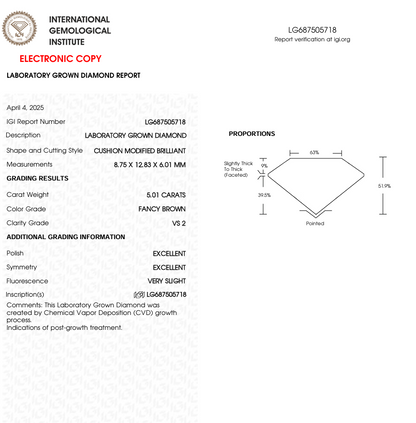 5 CT Brown Cushion Cut Lab Grown Diamond | IGI Certified | Best Diamond for Necklace or Bracelet | Gift for Wife