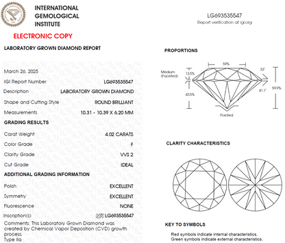 4 CT Round Lab Grown Diamond For Engagement Ring - F VVS2 IGI Certified