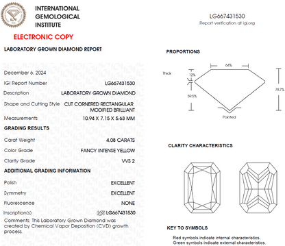 4 CT Yellow Radiant Cut Lab Grown Diamond For Engagement Ring - VVS2 IGI Certified
