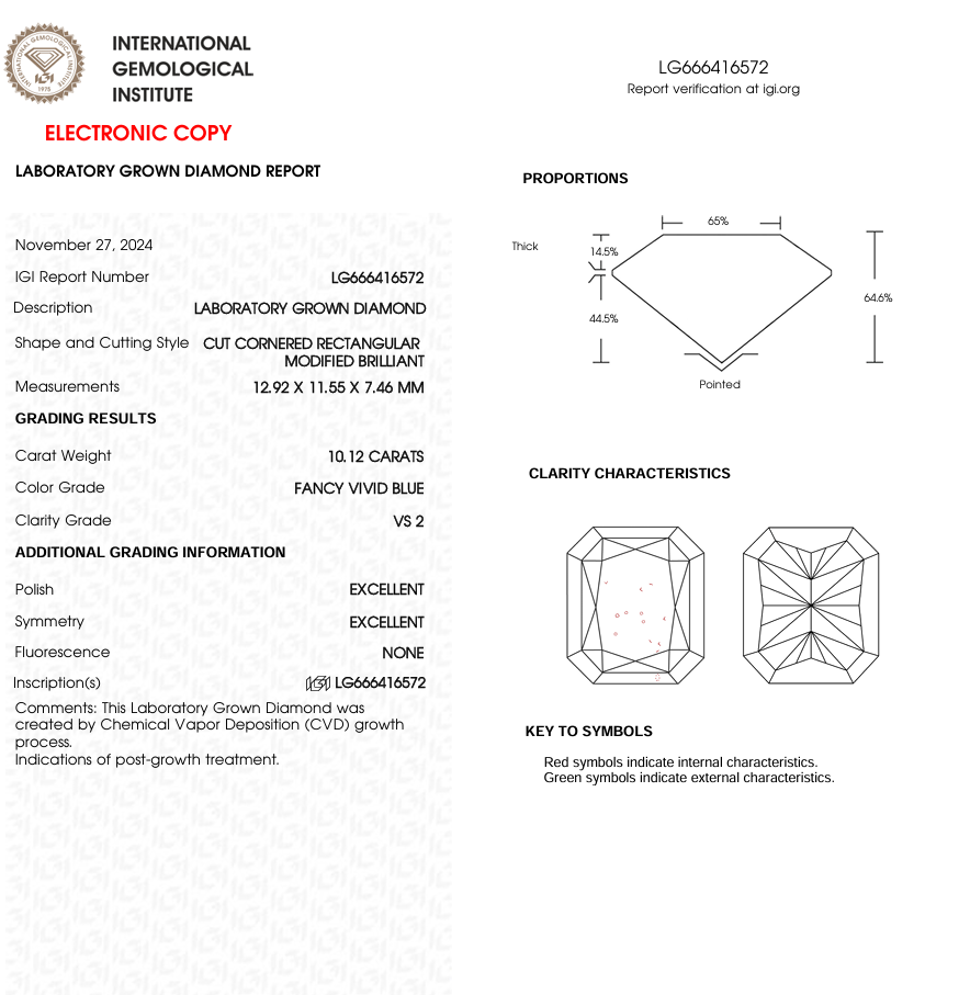 10.12 CT Blue Radiant Cut Lab Grown Diamond | IGI Certified | Diamond for Engagement Ring or Jewelry |  Gift for Wife