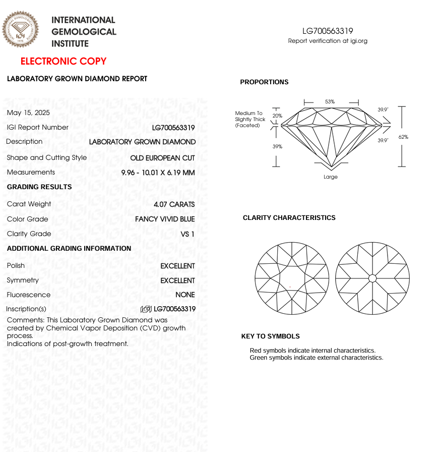 4 CT Blue Old European Cut Lab Grown Diamond for Engagement Ring | IGI Certified | Diamond for Jewelry | Gift for Wife