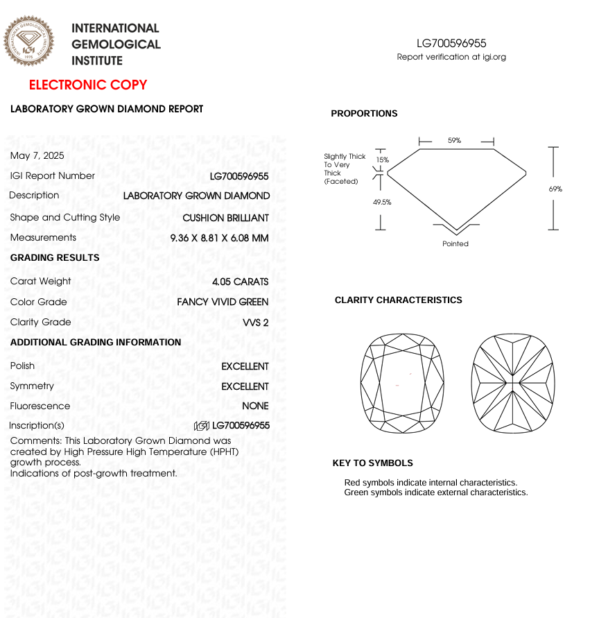 4 CT Green Cushion Cut Lab Grown Diamond | IGI Certified | Best Diamond for Anniversary Gift or Wedding Gift
