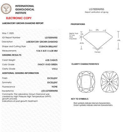 4 CT Green Cushion Cut Lab Grown Diamond | IGI Certified | Best Diamond for Anniversary Gift or Wedding Gift