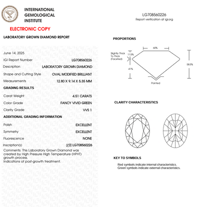 4.51 CT Green Oval Cut Lab Grown Diamond for Wedding Gift | IGI Certified | Diamond for Jewelry | Gift for Wife