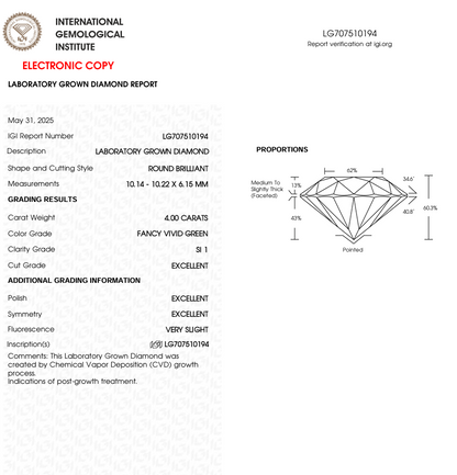 4 CT Green Round Cut Lab Grown Diamond for Engagement Ring or Anniversary Gift | IGI Certified | Best for Necklace or Earrings