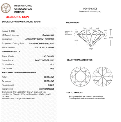 2.40 CT Pink Round Cut Lab Grown Diamond for Engagement Ring | IGI Certified | Diamond for Jewelry | Gift for Wife