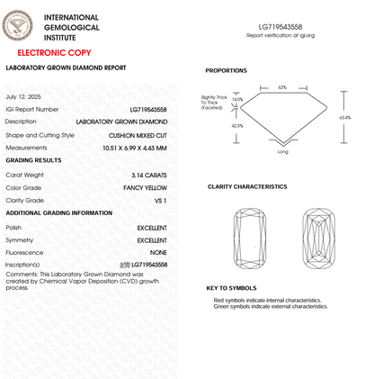 3.14 CT Yellow Cushion Cut Lab Grown Diamond for Engagement Ring or Anniversary Gift | Best Diamond for Jewelry | IGI Certified