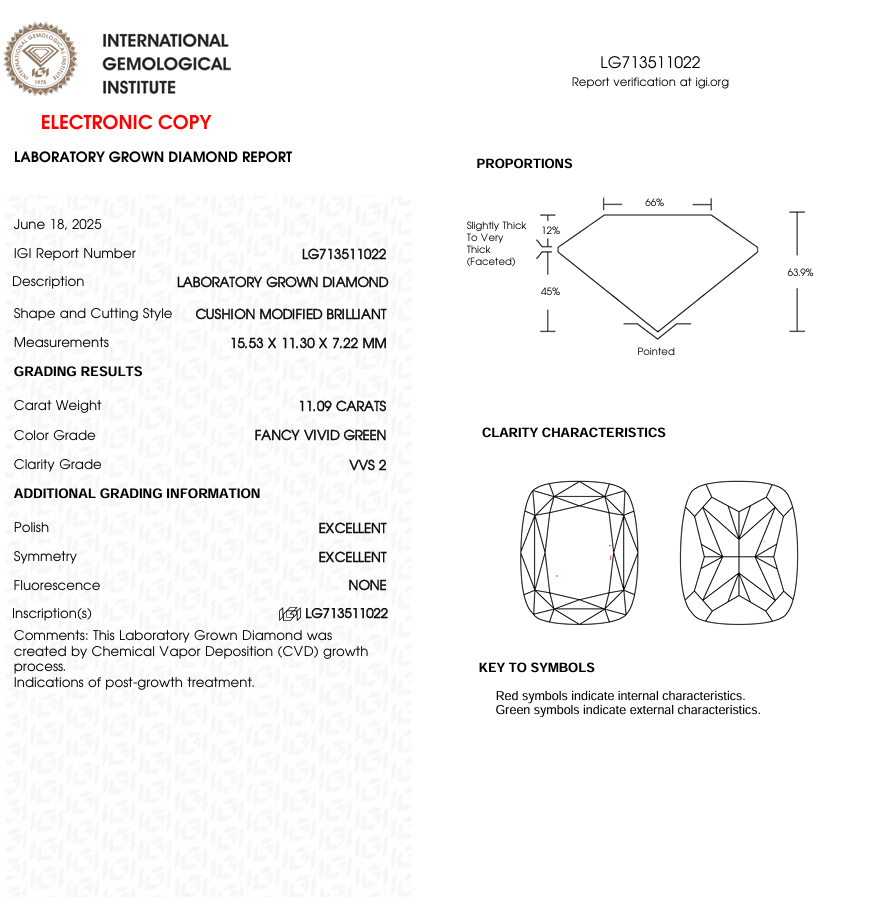 11 CT Green Cushion Lab Grown Diamond for Engagement Ring | IGI Certified | Diamond for Necklace or Bracelet