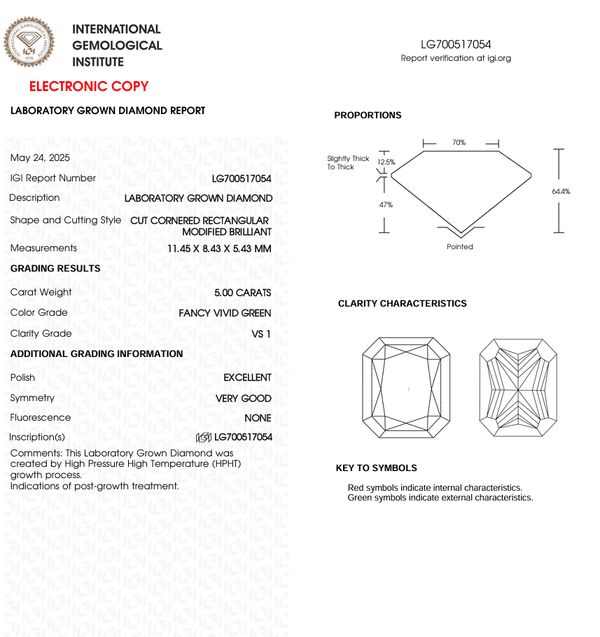 5 CT Green Radiant Cut Lab Grown Diamond for Engagement Ring or Anniversary Gift | IGI Certified | Best for Necklace or Bracelet | Gift for Wife