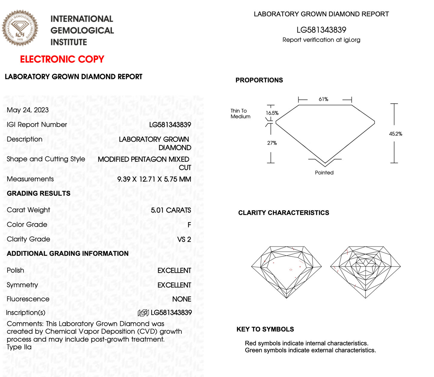 5 CT Pentagon Lab Grown Diamond For Engagement Ring