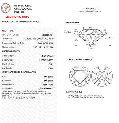 5 CT Yellow Round Lab Grown Diamond for Engagement Ring or Anniversary Gift | IGI Certified | Best for Bracelet or Necklace | Gift for Wife