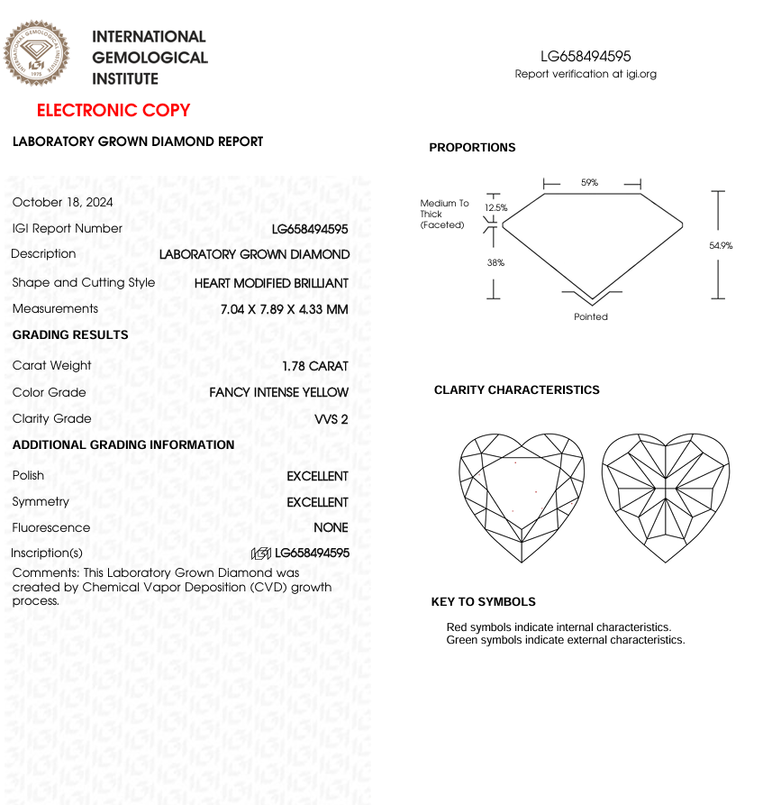 1.78 CT Yellow Heart Cut Lab Grown Diamond for Anniversary Gift | Diamond for Engagement Ring or Wedding Gift | IGI Certified