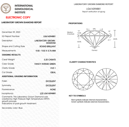 3.20 CT Green Round Cut Lab Grown Diamond for Anniversary Gift or Engagement Ring | IGI Certified | Best Diamond for Jewelry | Gift for Wife