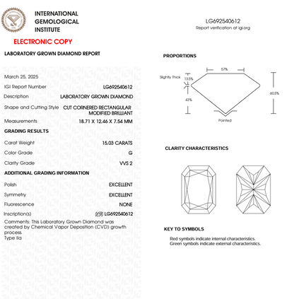 15 CT Radiant Cut Lab Grown Diamond | IGI Certified | Lab Created Diamond for Anniversary Gift or Wedding Gift