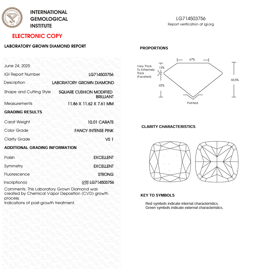 10 CT Pink Square Cushion Lab Grown Diamond for Anniversary Gift | IGI Certified | Diamond for Necklace or Bracelet | Gift for Mother