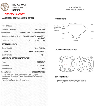 10 CT Pink Square Cushion Lab Grown Diamond for Anniversary Gift | IGI Certified | Diamond for Necklace or Bracelet | Gift for Mother