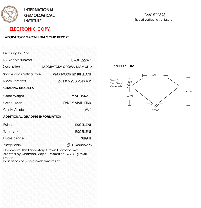 2.61 CT Pink Pear Lab Grown Diamond for Engagement Ring or Anniversary Gift | IGI Certified | Best for Wedding Gift or Necklace