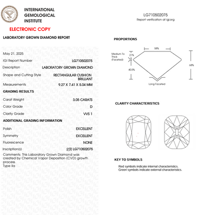 3 CT Rectangular Cushion Cut Lab Grown Diamond for Engagement Ring | IGI Certified | Best Diamond for Anniversary Gift