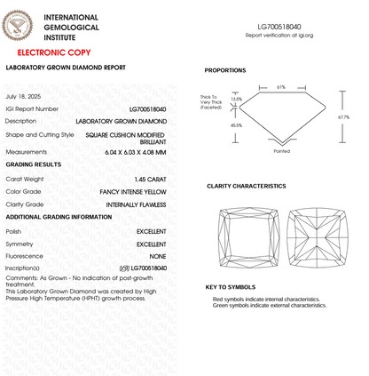 1.45 CT Yellow Square Cushion Cut Lab Grown Diamond | IGI Certified | Best Diamond for Anniversary Gift or Wedding Gift