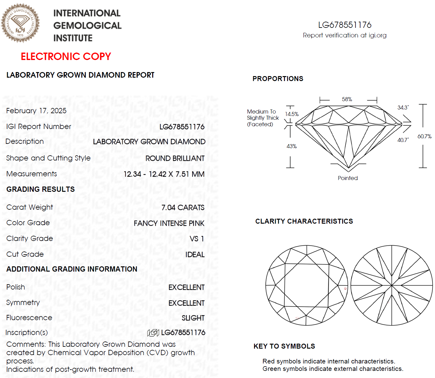 7.04 CT Pink Round Lab Grown Diamond For Engagement Ring - IGI Certified