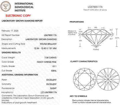 7.04 CT Pink Round Lab Grown Diamond For Engagement Ring - IGI Certified