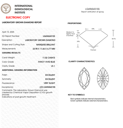 11 CT Blue Marquise Cut Lab Grown Diamond for Engagement Ring | IGI Certified | Diamond for Anniversary Gift or Wedding Gift