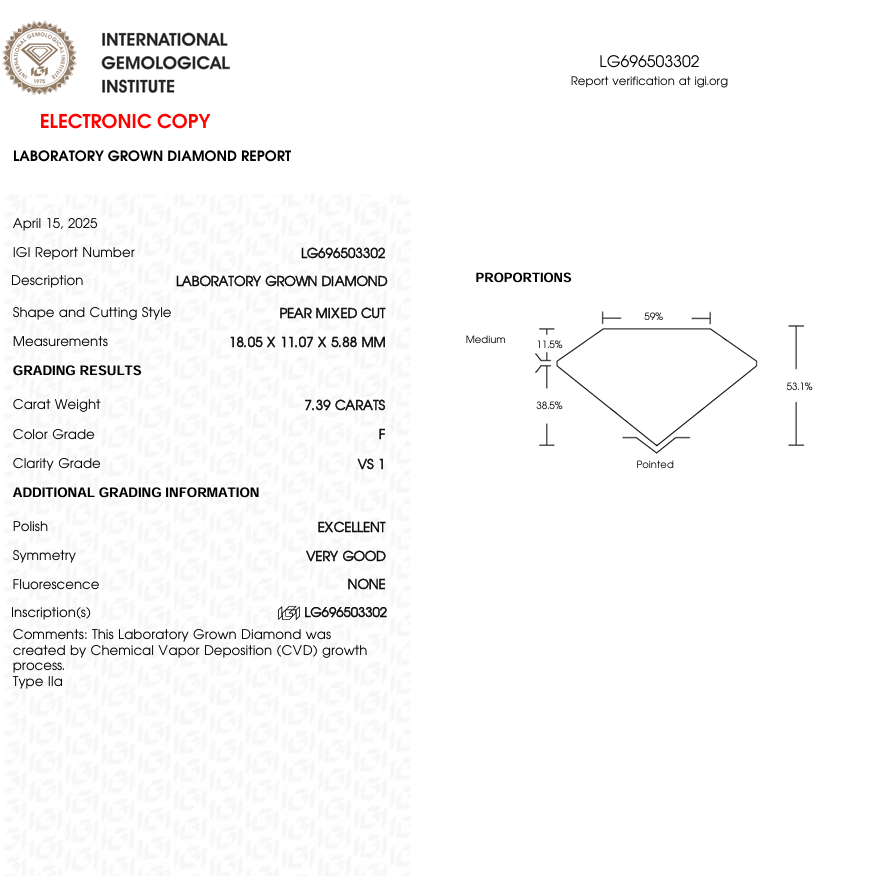 7.39 CT Pear Cut Lab Grown Diamond for Jewelry | IGI Certified | Diamond for Engagement Ring or Anniversary Gift | Gift for Wife
