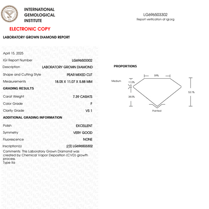 7.39 CT Pear Cut Lab Grown Diamond for Jewelry | IGI Certified | Diamond for Engagement Ring or Anniversary Gift | Gift for Wife