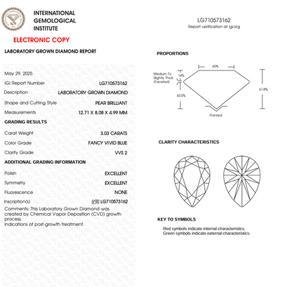 3 CT Blue Pear Cut Lab Grown Diamond for Jewelry | IGI Certified | Diamond for Engagement Ring or Anniversary Gift