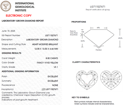8 CT Yellow Heart Lab Grown Diamond for Anniversary Gift | IGI Certified | Diamond for Engagement Ring or Wedding Ring