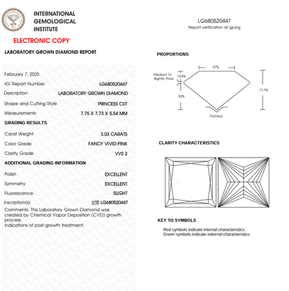 3 CT Pink Princess Cut Lab Grown Diamond for Engagement Ring | IGI Certified | Diamond for Anniversary Gift or Wedding Gift