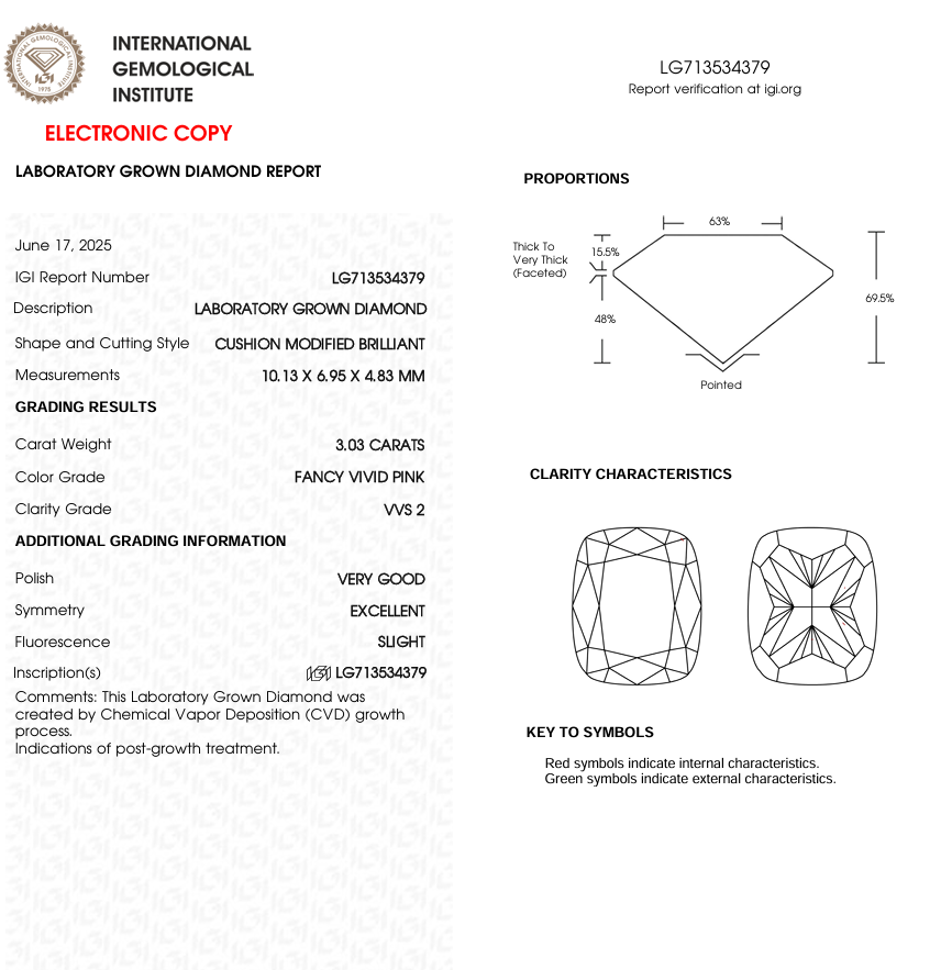 3 CT Pink Cushion Cut Lab Grown Diamond for Wedding Gift | IGI Certified | Best Diamond for Necklace or Bracelet