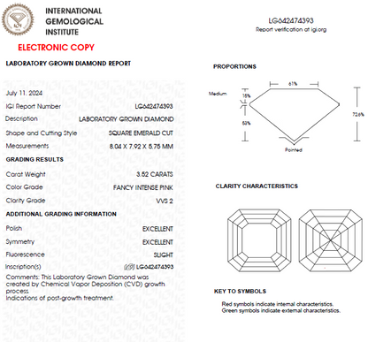 3.50 CT Asscher Cut Intense Pink Lab Grown Diamond For Engagement Ring