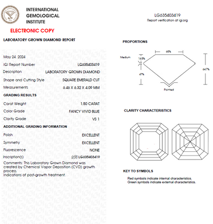 1.50 CT Asscher Cut Blue Lab Grown Diamond For Engagement Ring